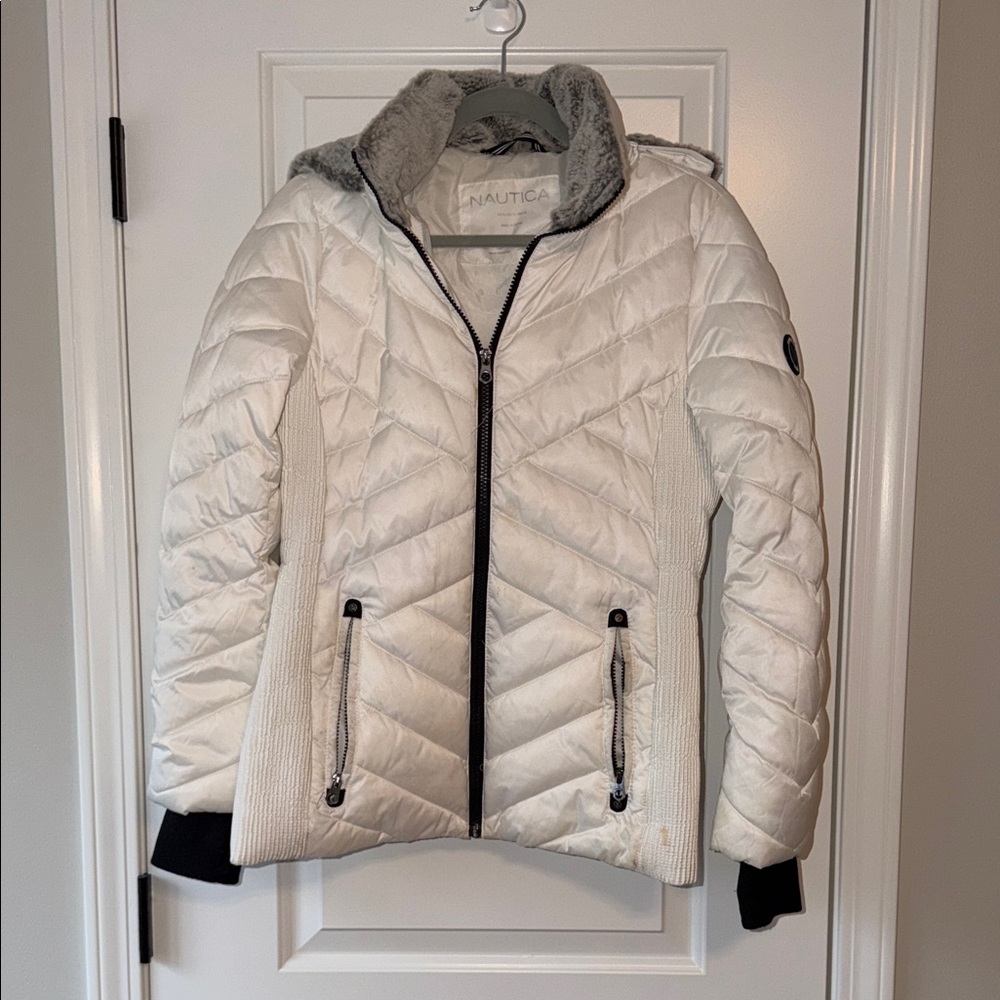 Nautica Cream Quilted Puffer Jacket with Faux Fur Collar
